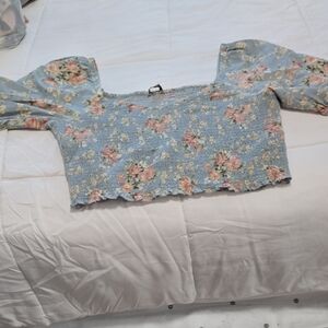 American Eagle Outfitters Pink and Blue Puff Sleeve Crop Blouse